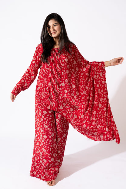 Red Floral Asymmetric Tunic Co-ord