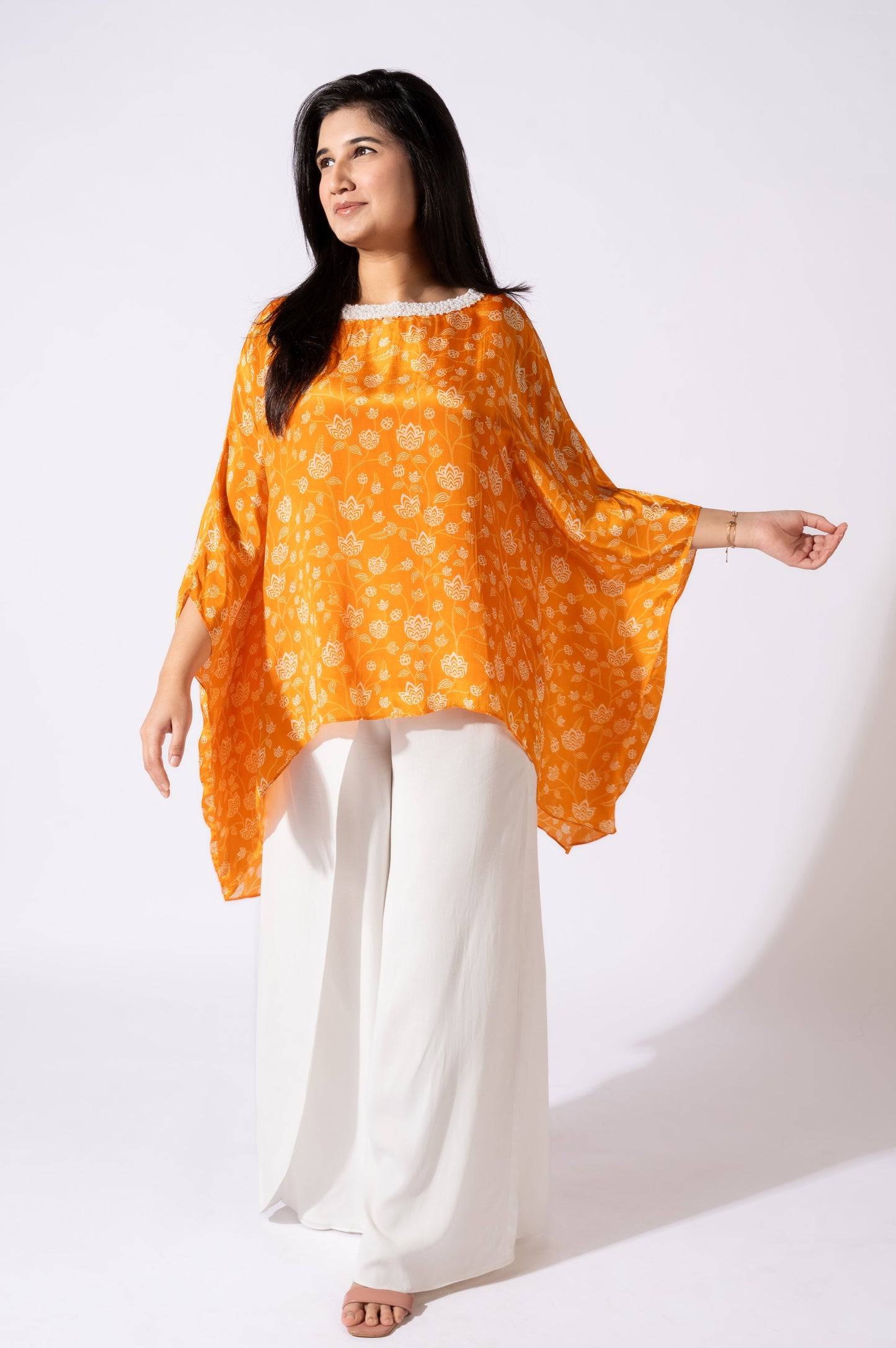 Orange Embroidered Asymmetric Top