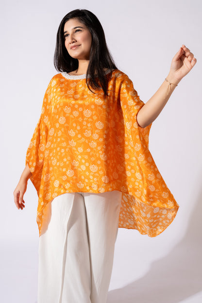 Orange Embroidered Asymmetric Top