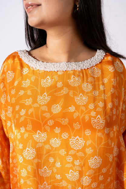 Orange Embroidered Asymmetric Top