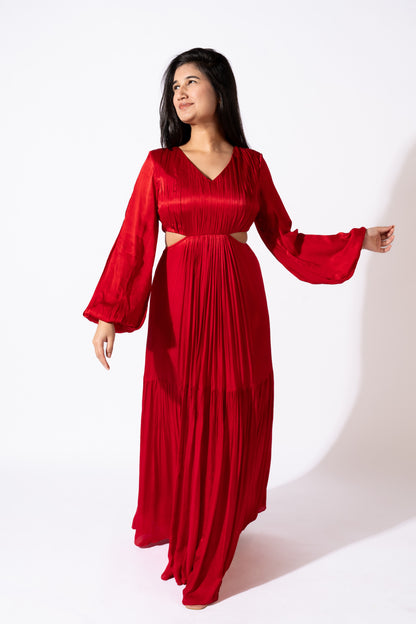 Red Hand-Pleated Maxi Dress