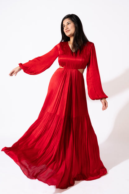 Red Hand-Pleated Maxi Dress