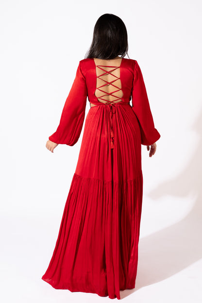 Red Hand-Pleated Maxi Dress