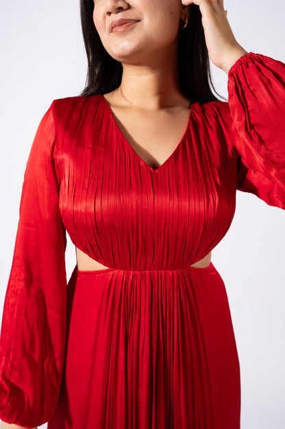 Red Hand-Pleated Maxi Dress