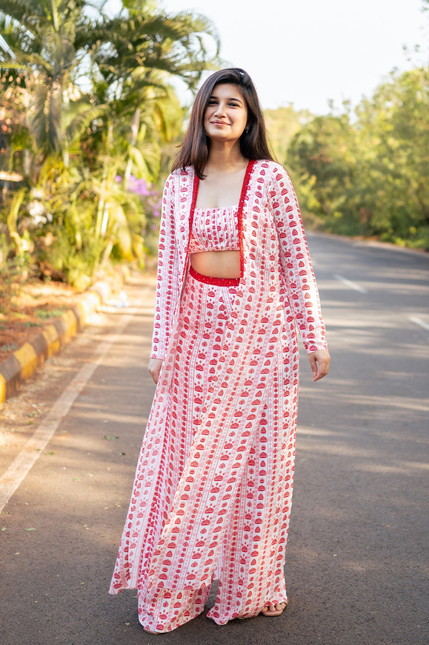 White, Red & Pink Floral Stripes Cape Set