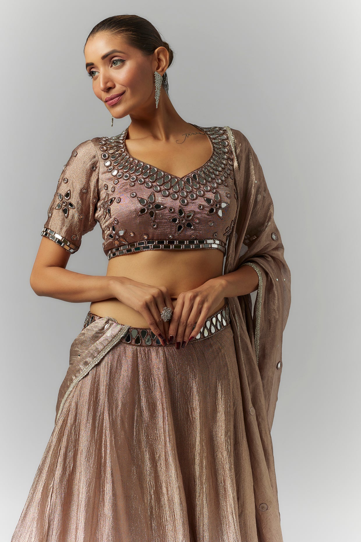 Bronze Crushed Tissue Silk Lehenga