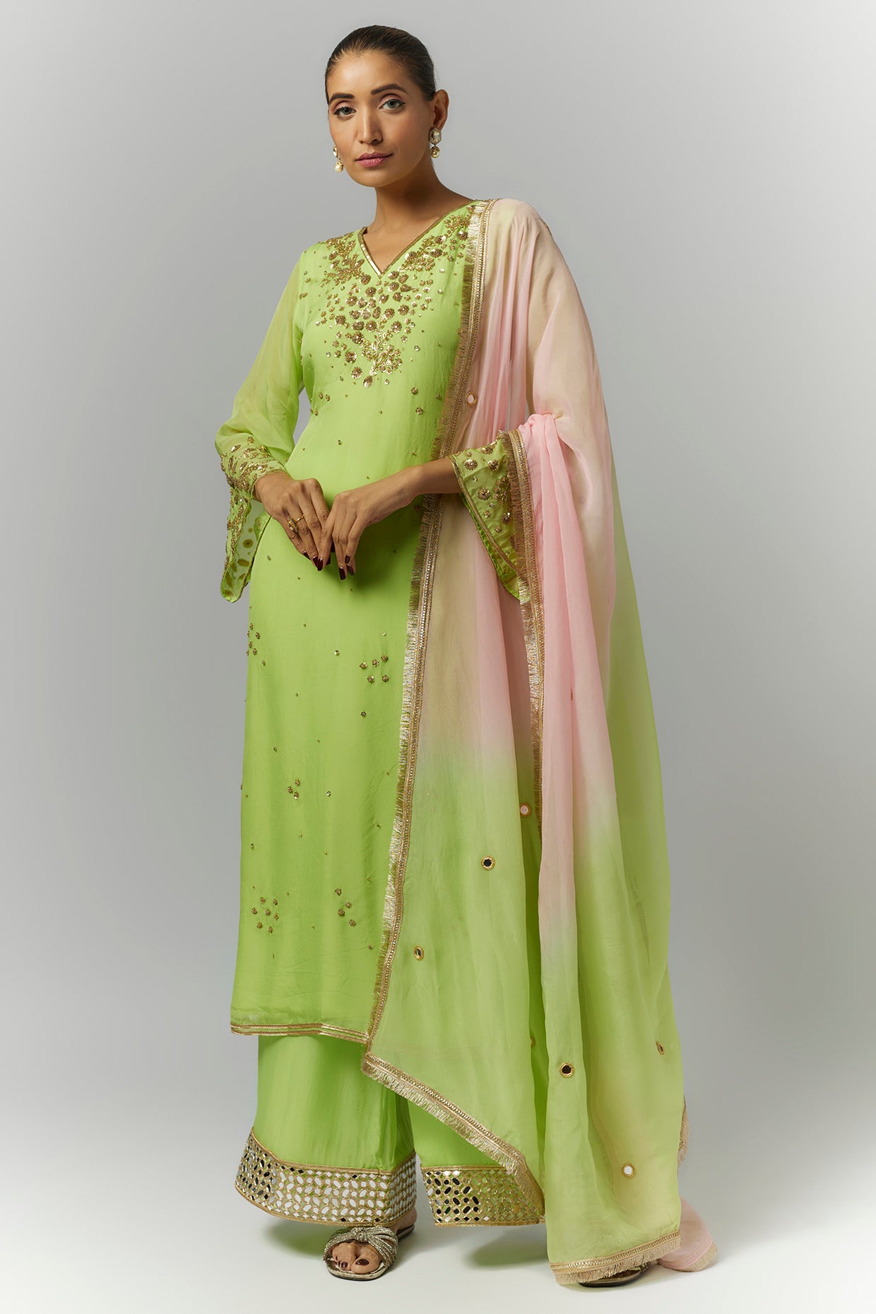 Parrot Green Organza Kurta Set